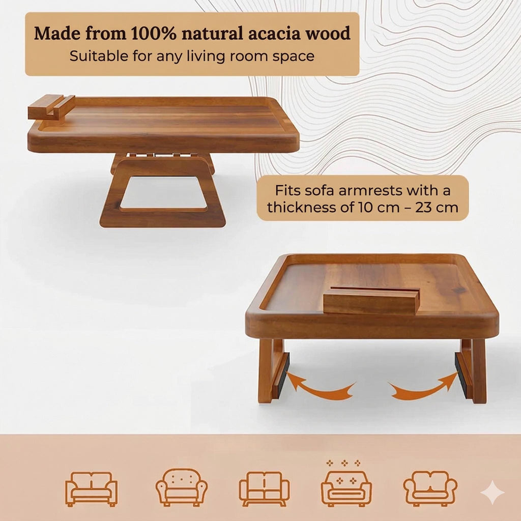 Personalized Acacia Wood Sofa Tray with Rotating Phone Holder – Couch Arm Table
