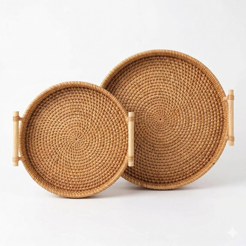 Round Rattan Tray with Wooden Handles, Handwoven Boho Serving Basket