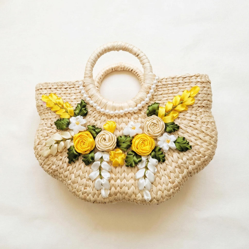 Handmade Water Hyacinth Tote Bag, Woven Summer Beach Purse, Floral Accent Bag