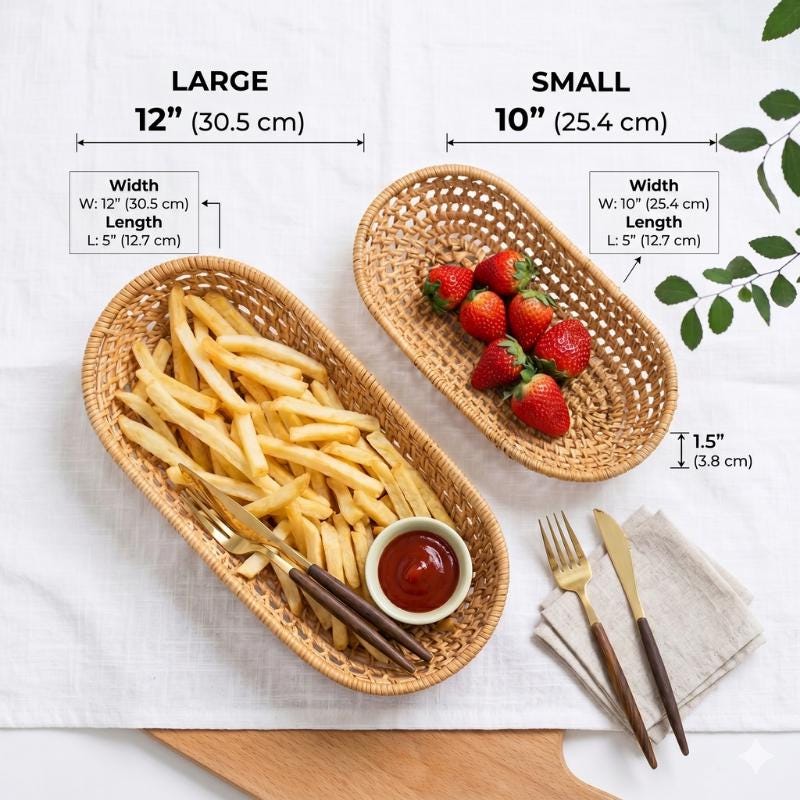 Oval Rattan Tray Set, Handwoven Lattice Bread Basket, Boho Cutlery Holder, Farmhouse Kitchen Organizer