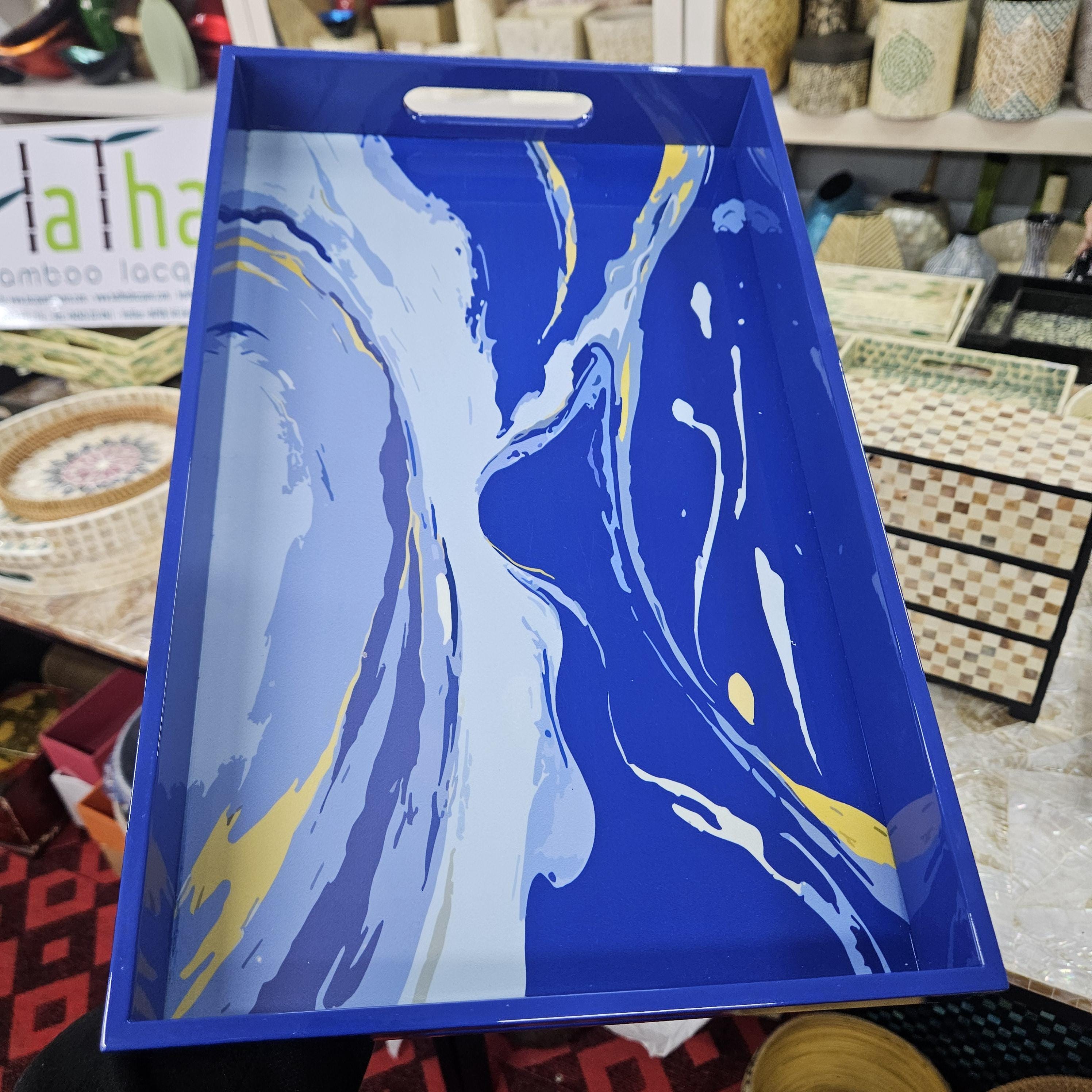 Blue Marble Mother of Pearl Serving Tray with Handles – Coastal Lacquer Home Decor