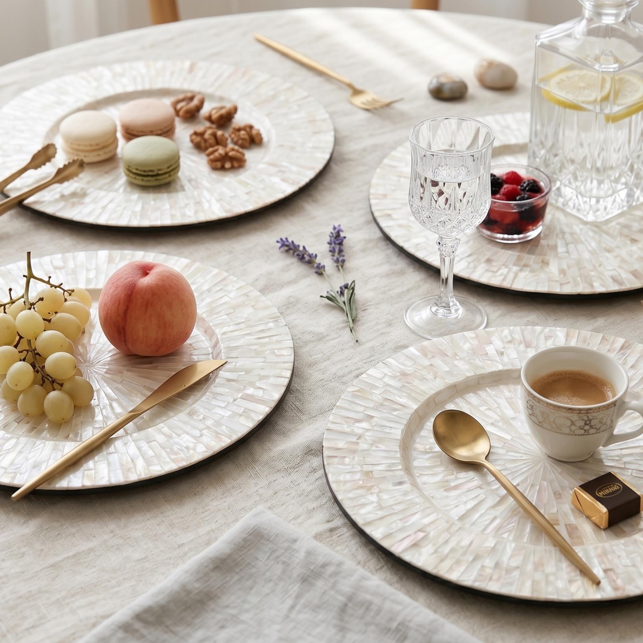Handmade Mother of Pearl Charger Plate, 13-inch Round Inlay Placemat, Boho Table Decor
