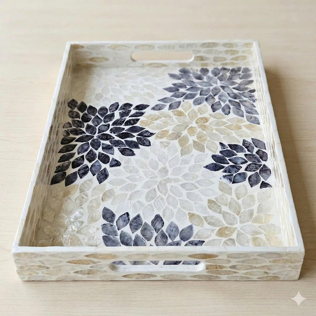 Handcrafted Mother of Pearl Rectangular Serving Tray – Iridescent Mosaic Coffee Table Decor
