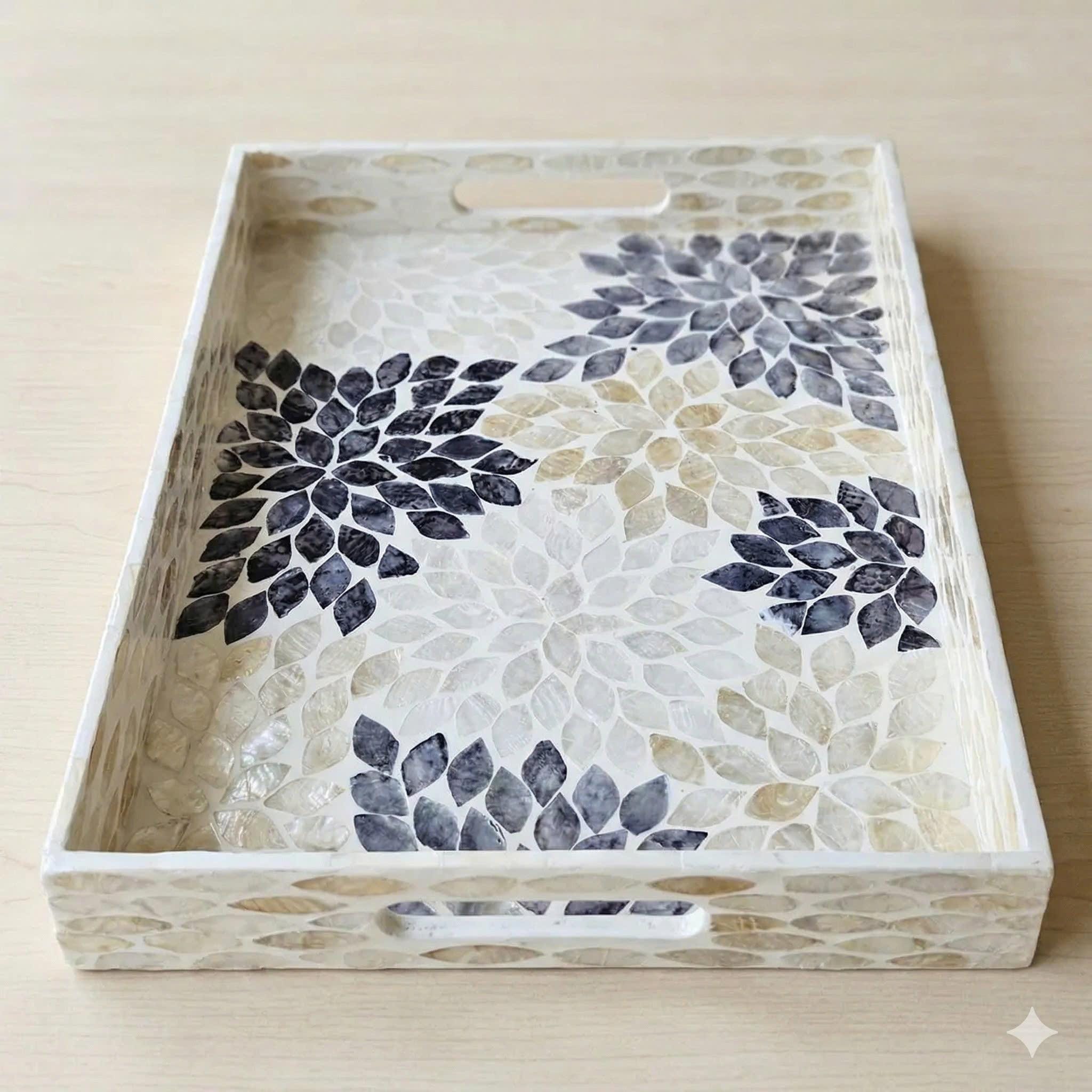 Handcrafted Mother of Pearl Rectangular Serving Tray – Iridescent Mosaic Coffee Table Decor