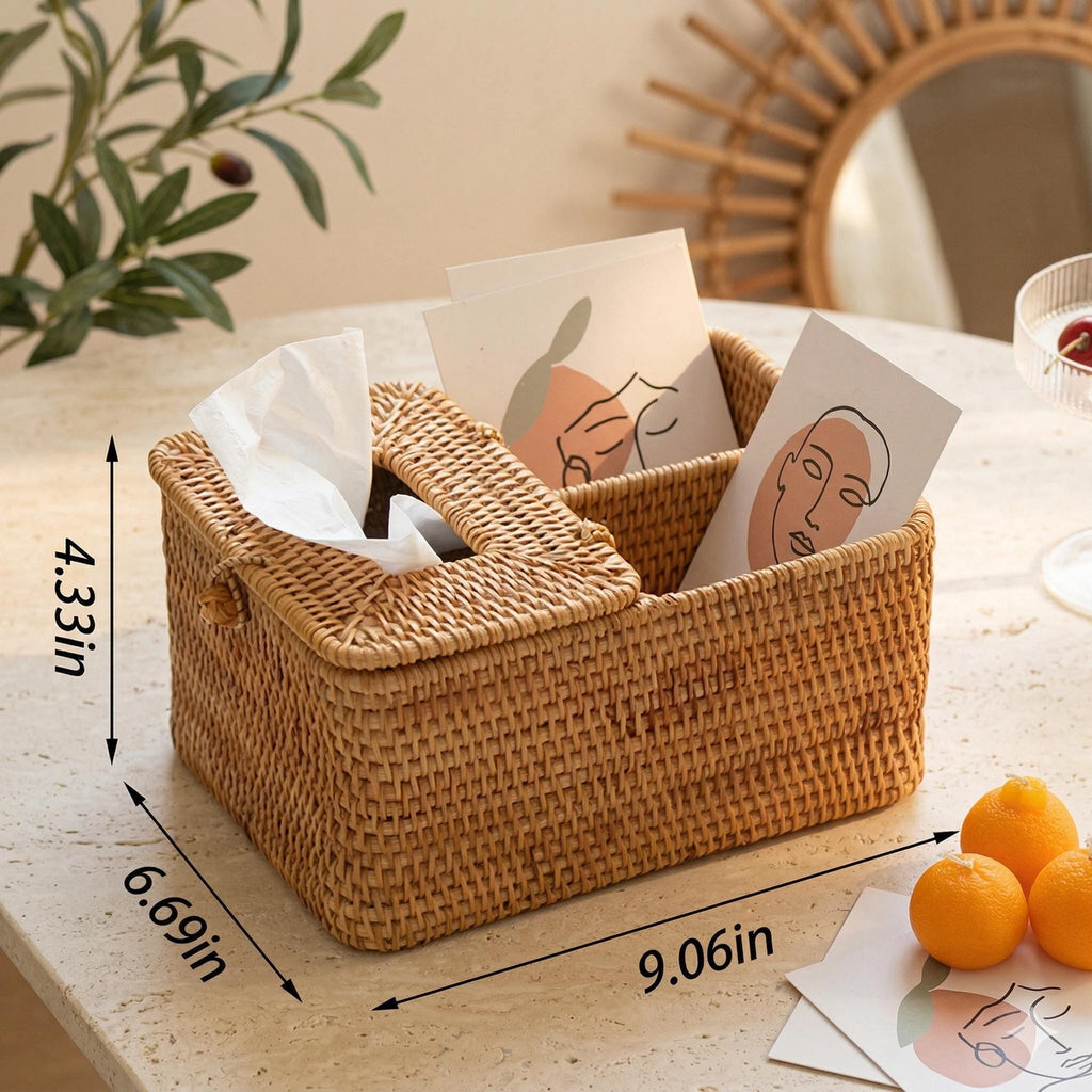 Handwoven Rattan Tissue Box with Remote Storage, Rustic Wicker Organizer, Eco-friendly Home Decor