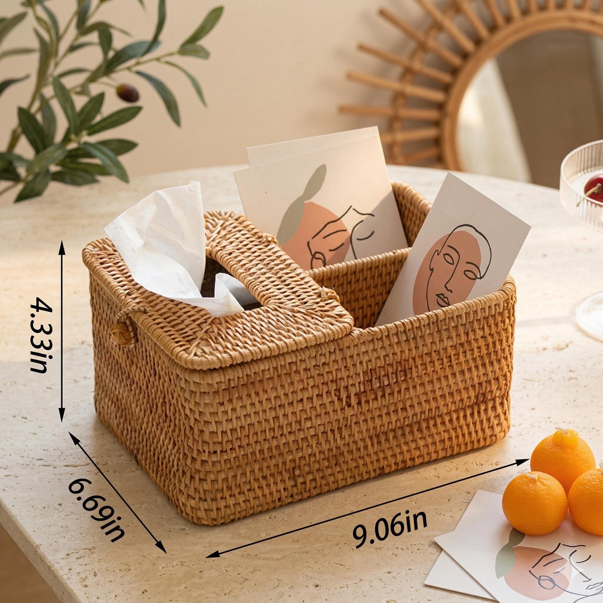 Handwoven Rattan Tissue Box with Remote Storage, Rustic Wicker Organizer, Eco-friendly Home Decor