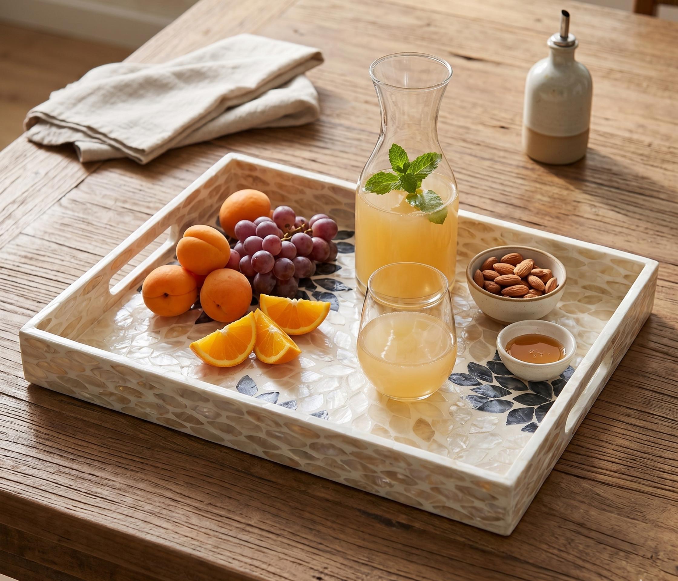 Handcrafted Mother of Pearl Rectangular Serving Tray – Iridescent Mosaic Coffee Table Decor