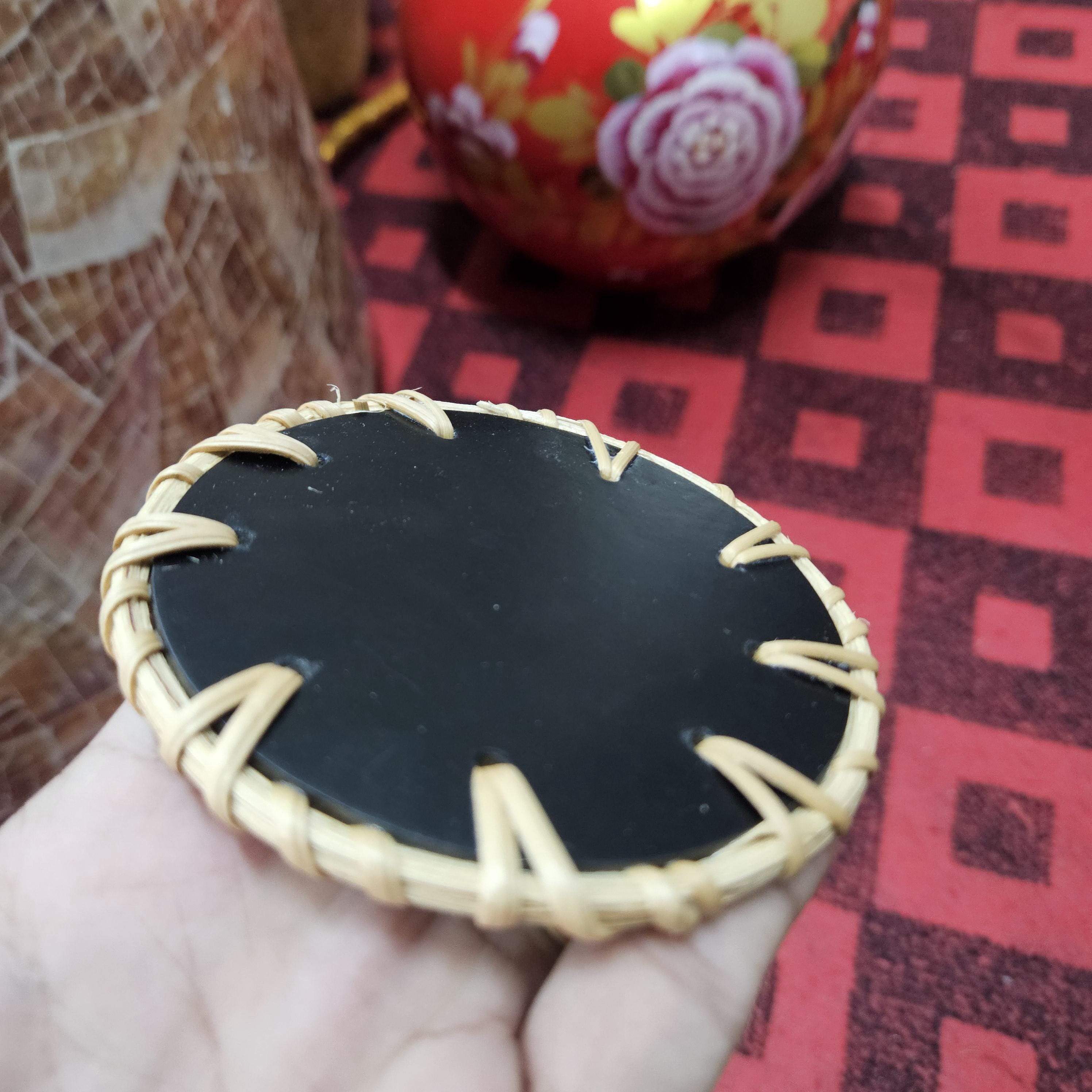 Rattan Drink Coasters Set – Mother of Pearl Inlay, Boho Home Decor