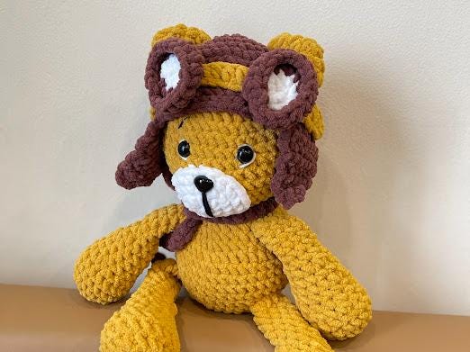 Organic Crochet Teddy Bear, Pilot Outfit, Baby's First Toy