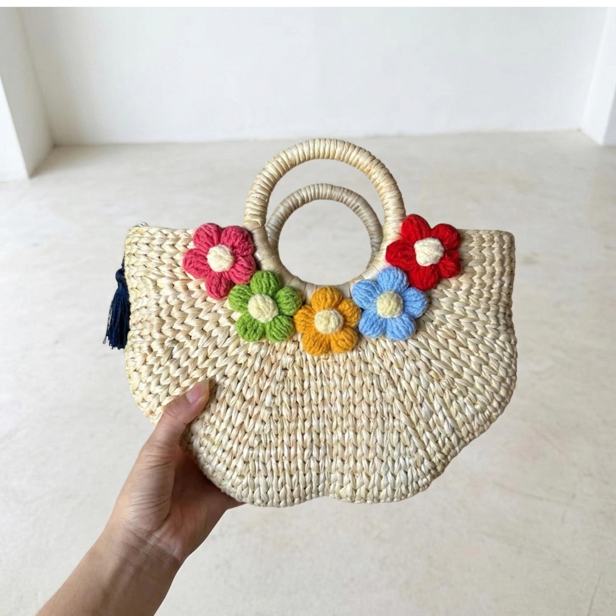 Handmade Water Hyacinth Tote Bag, Woven Summer Beach Purse, Floral Accent Bag