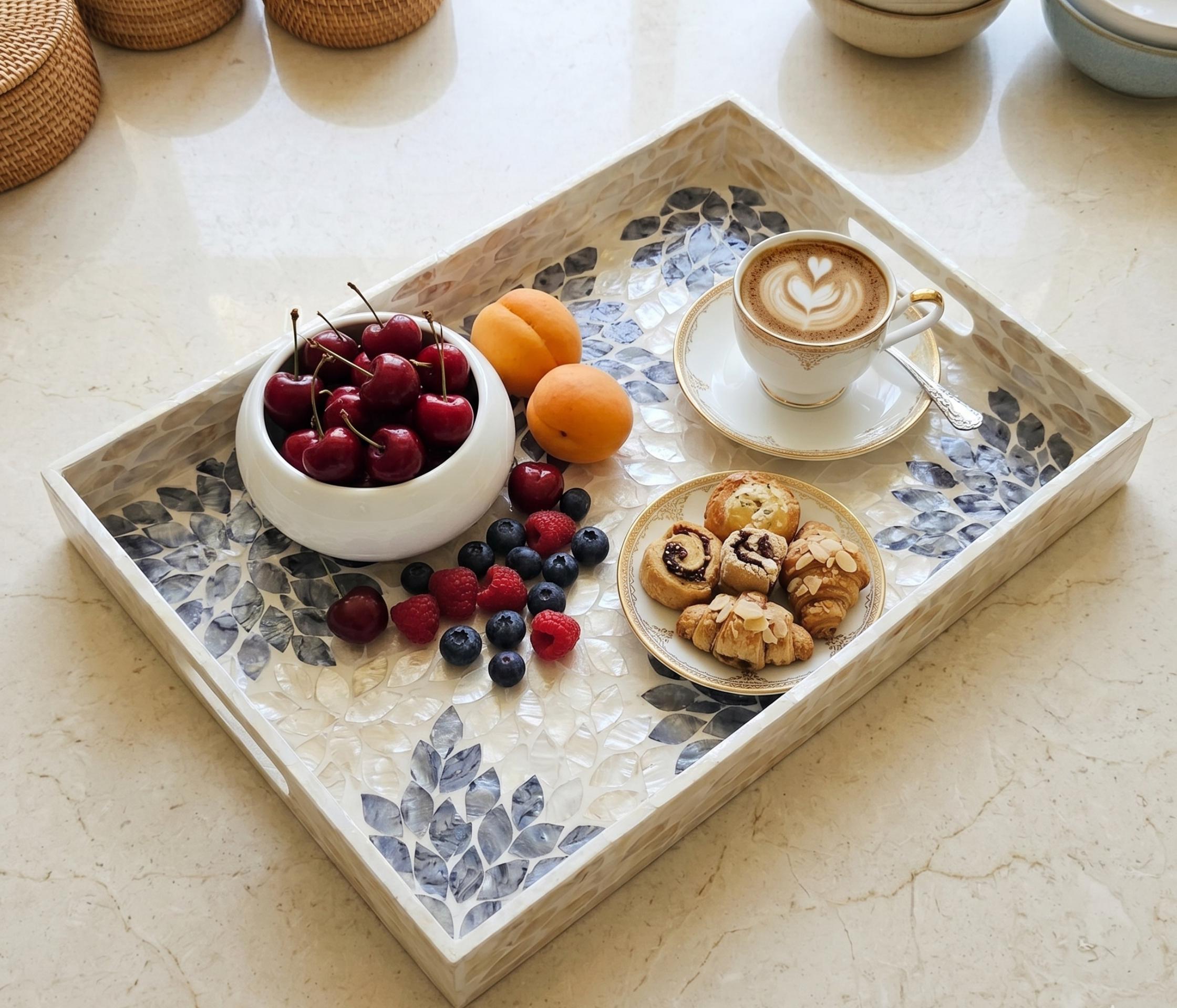 Handcrafted Mother of Pearl Rectangular Serving Tray – Iridescent Mosaic Coffee Table Decor