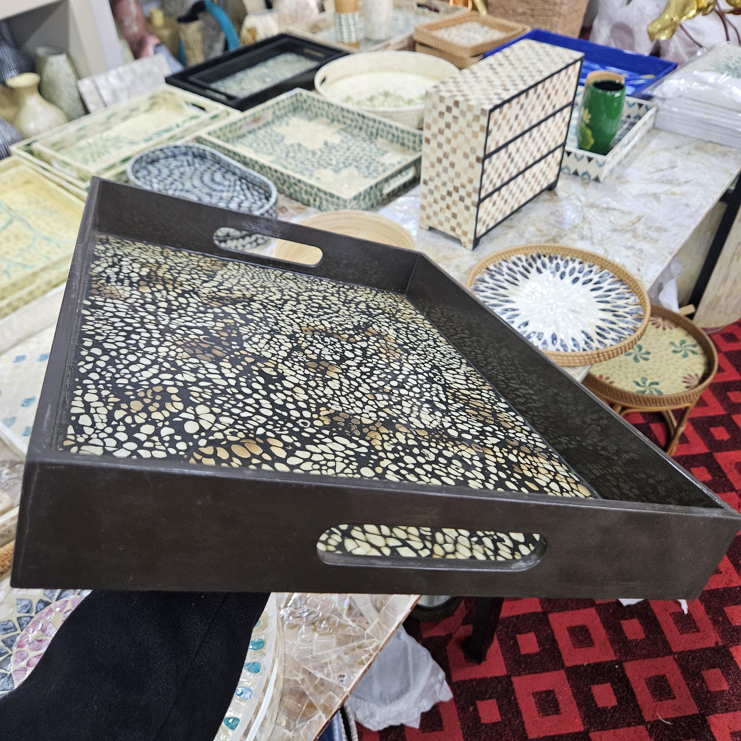 Handmade Mother of Pearl Mosaic Serving Tray with Handles, Decorative Coffee Table Ottoman Decor