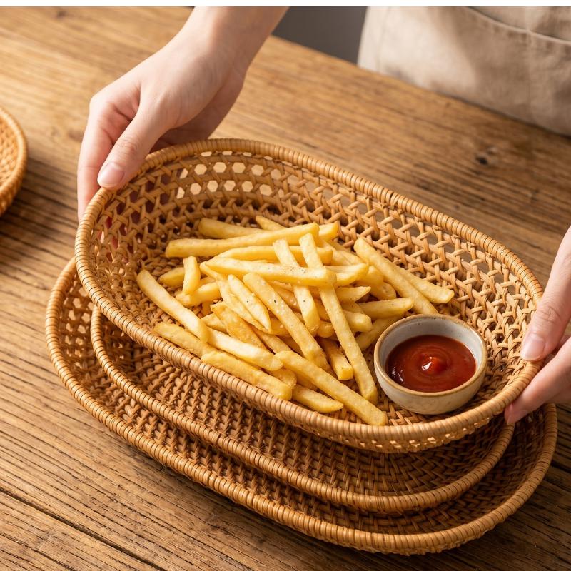 Oval Rattan Tray Set, Handwoven Lattice Bread Basket, Boho Cutlery Holder, Farmhouse Kitchen Organizer