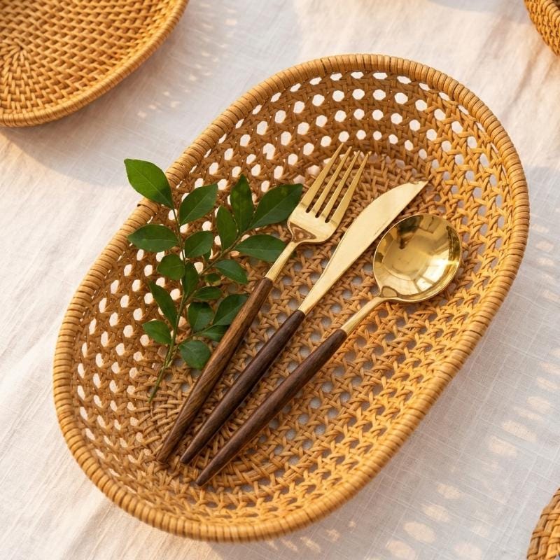 Oval Rattan Tray Set, Handwoven Lattice Bread Basket, Boho Cutlery Holder, Farmhouse Kitchen Organizer