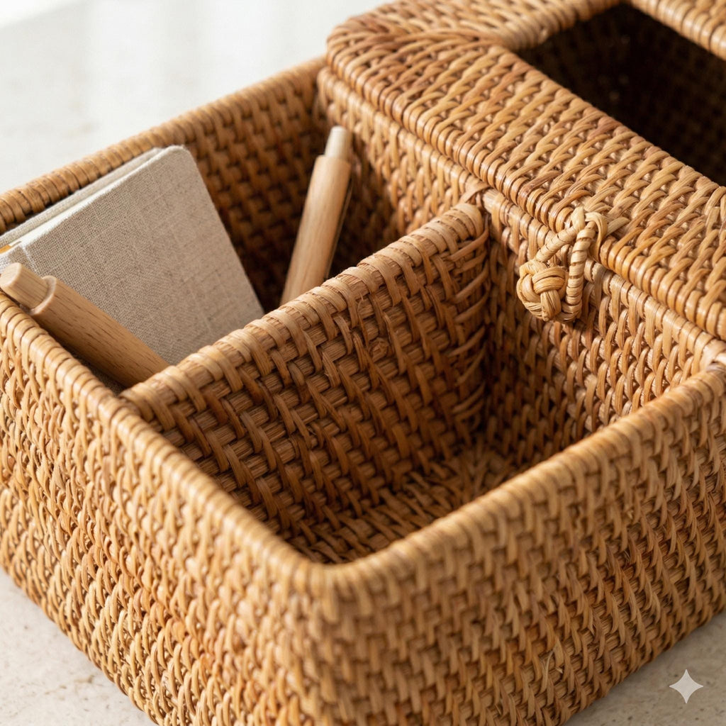 Handwoven Rattan Tissue Box with Remote Storage, Rustic Wicker Organizer, Eco-friendly Home Decor