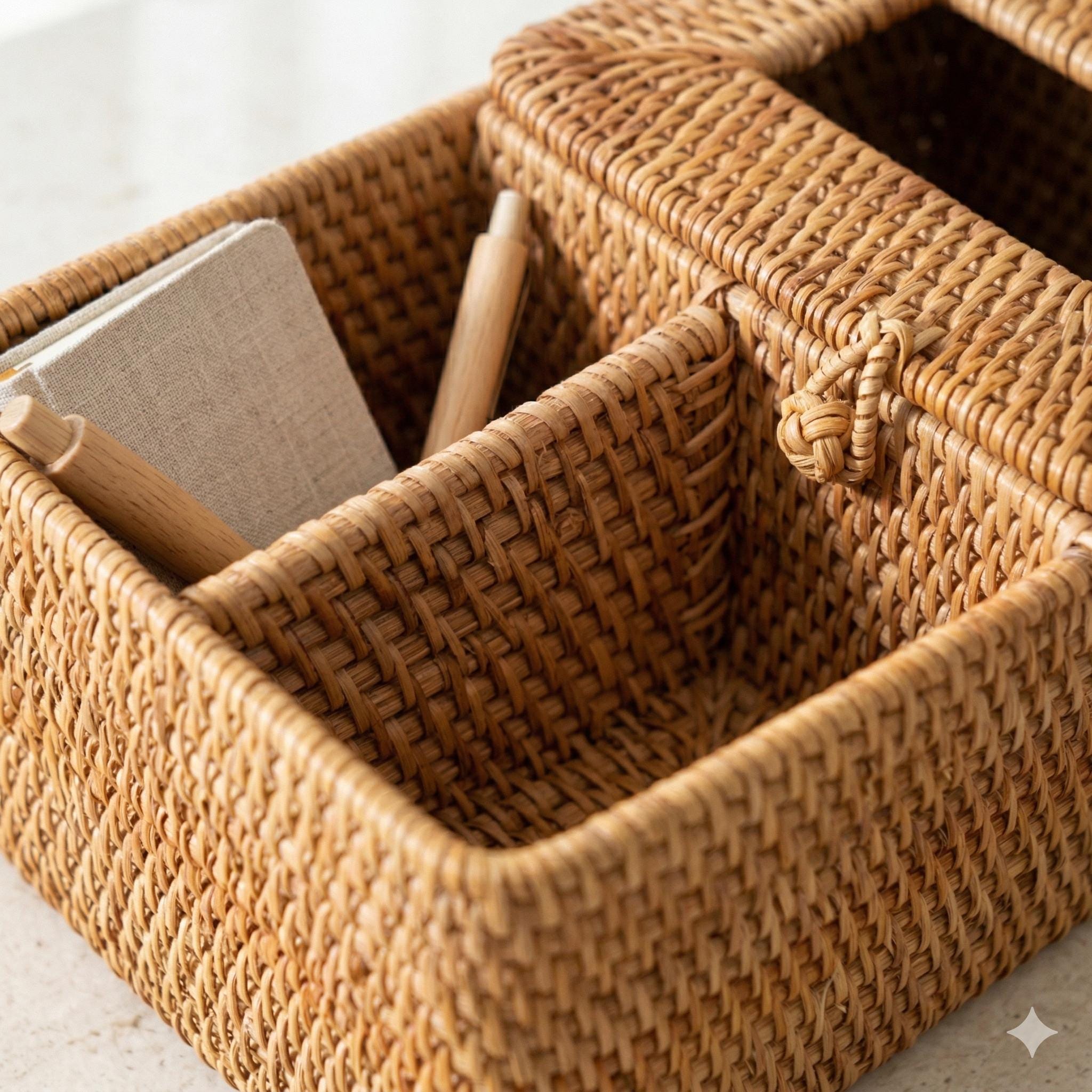 Handwoven Rattan Tissue Box with Remote Storage, Rustic Wicker Organizer, Eco-friendly Home Decor