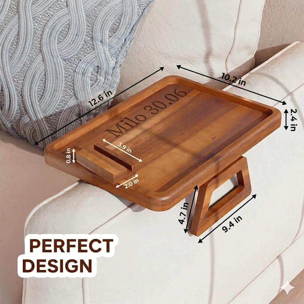Personalized Acacia Wood Sofa Tray with Rotating Phone Holder – Couch Arm Table