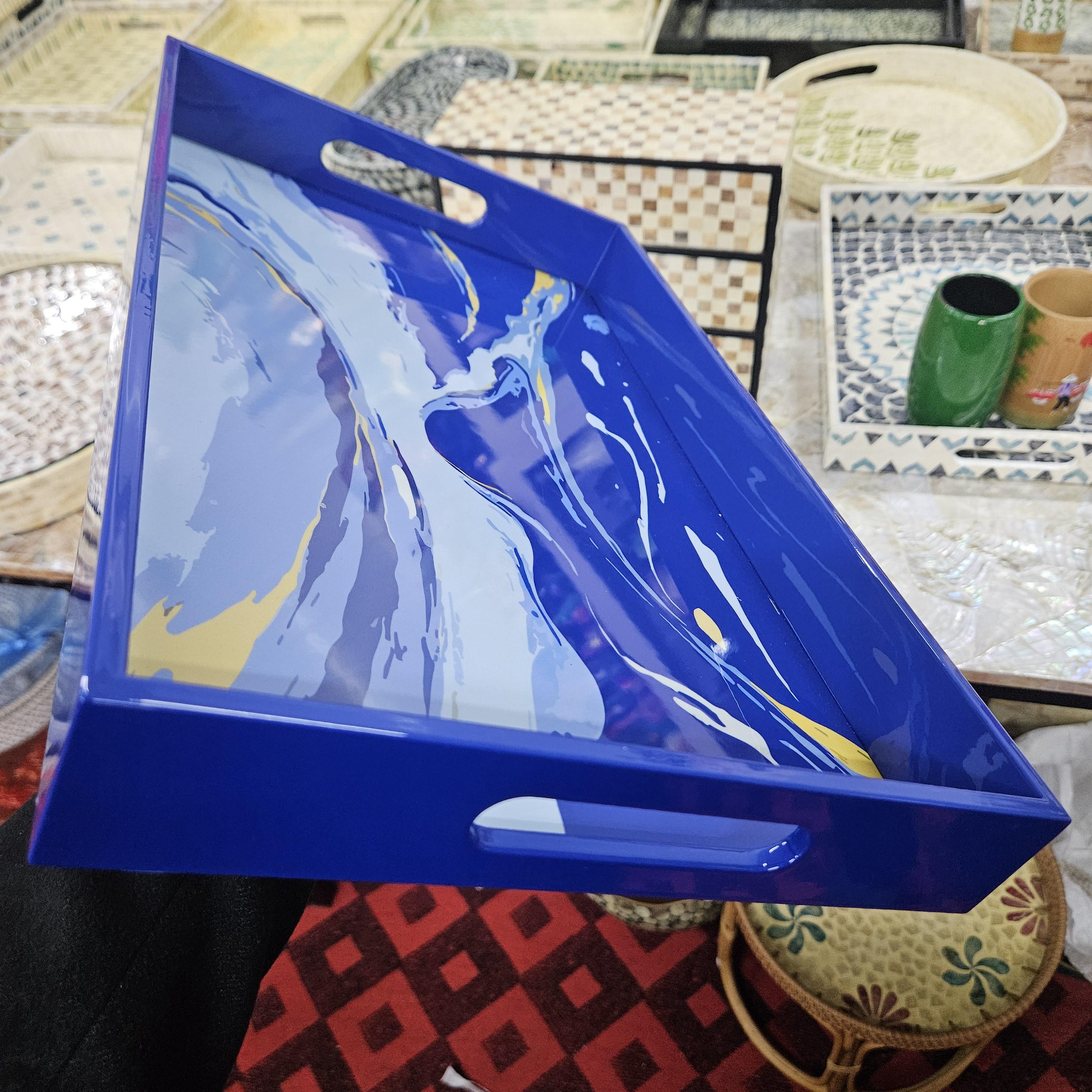 Blue Marble Mother of Pearl Serving Tray with Handles – Coastal Lacquer Home Decor