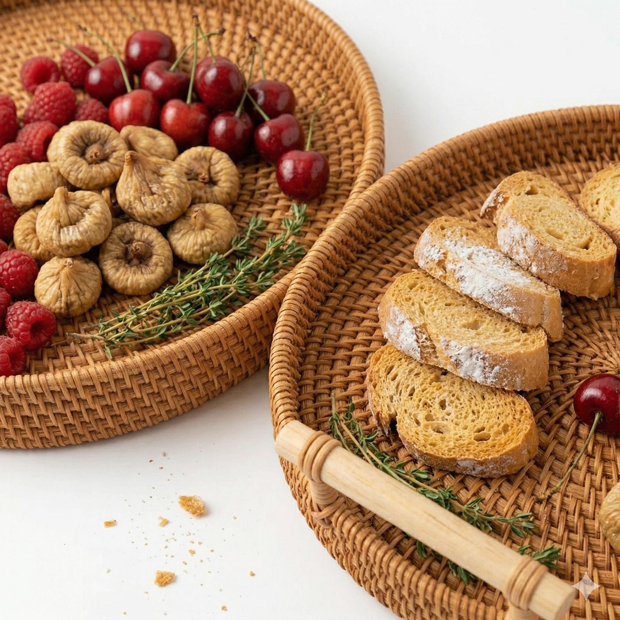 Round Rattan Tray with Wooden Handles, Handwoven Boho Serving Basket