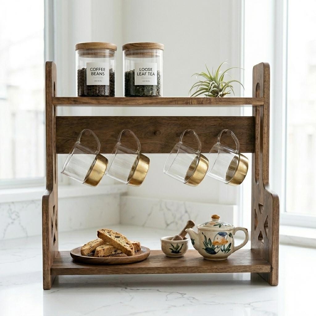Personalized Acacia Wood Coffee Mug Rack | Custom Engraved Coffee Bar Organizer