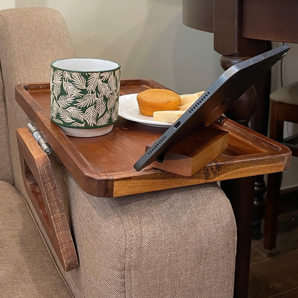 Personalized Acacia Wood Sofa Tray with Rotating Phone Holder – Couch Arm Table