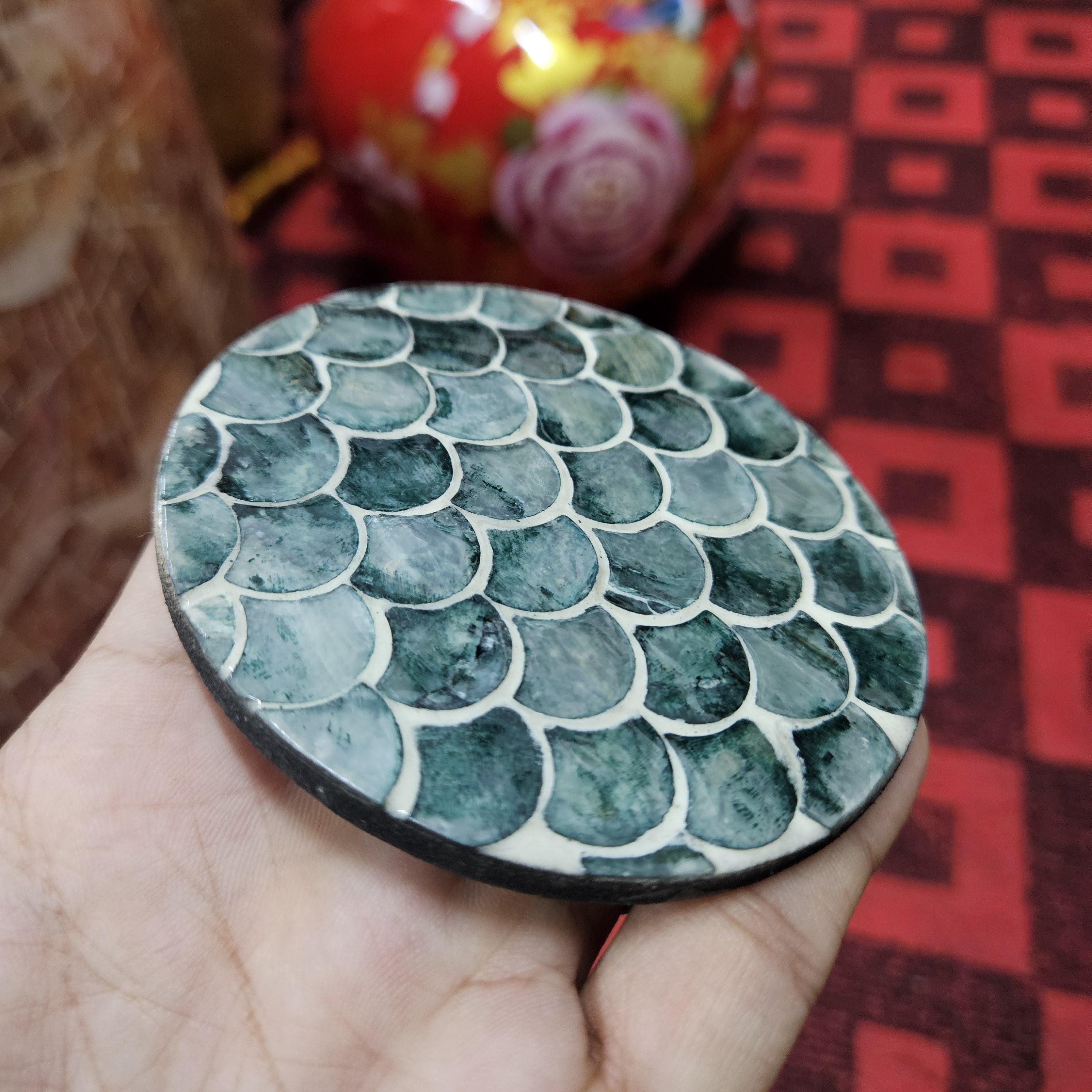 Rattan Drink Coasters Set – Mother of Pearl Inlay, Boho Home Decor