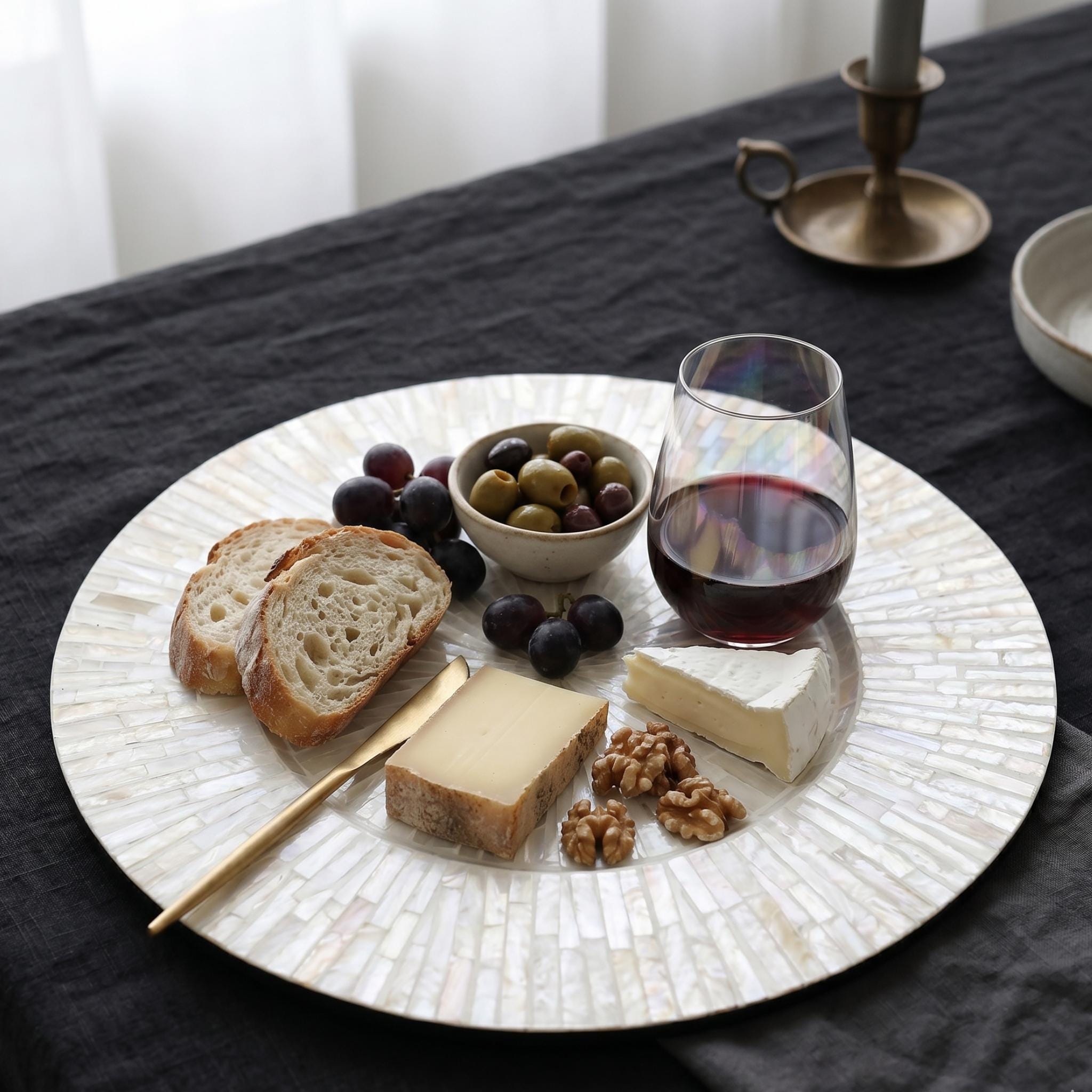 Handmade Mother of Pearl Charger Plate, 13-inch Round Inlay Placemat, Boho Table Decor