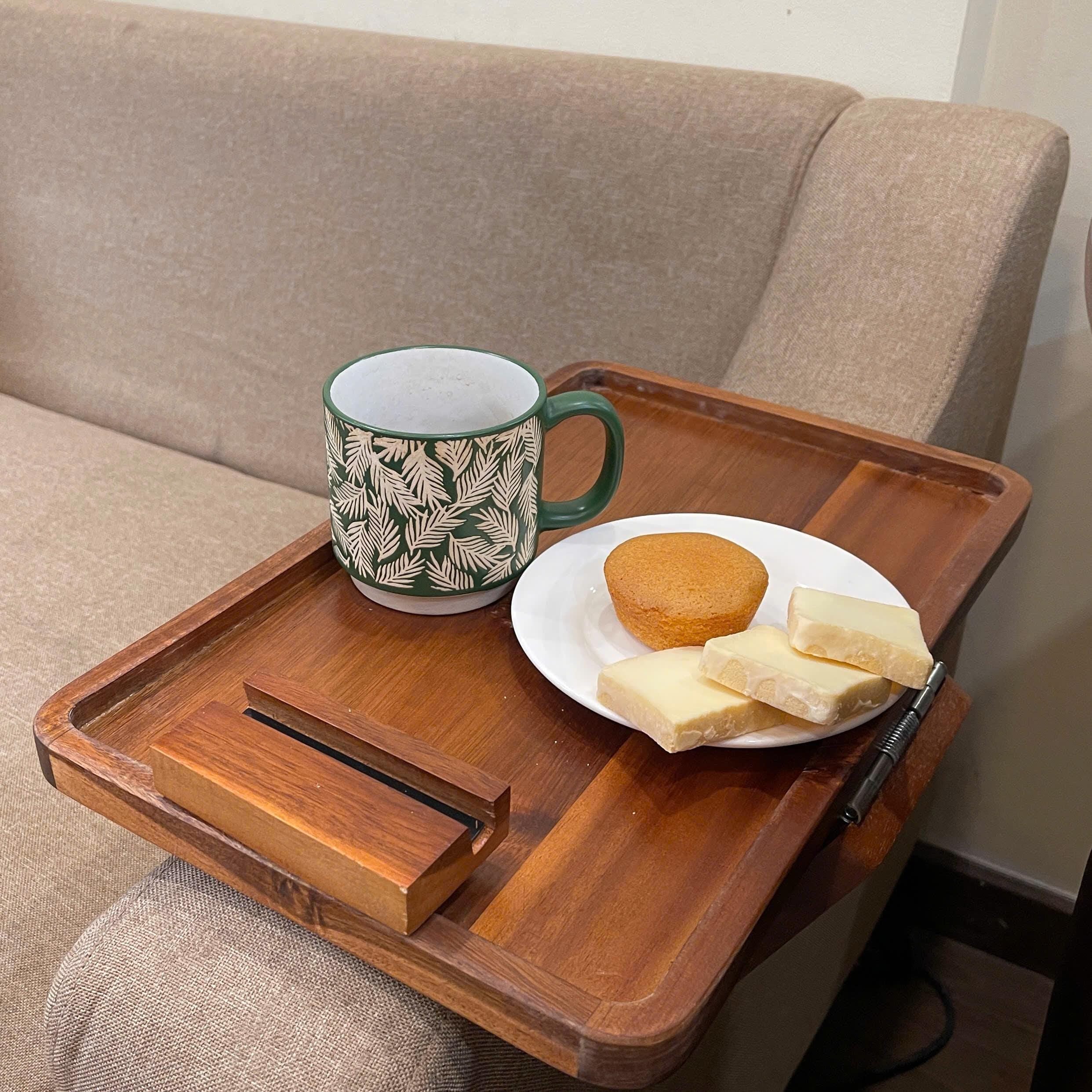 Personalized Acacia Wood Sofa Tray with Rotating Phone Holder – Couch Arm Table