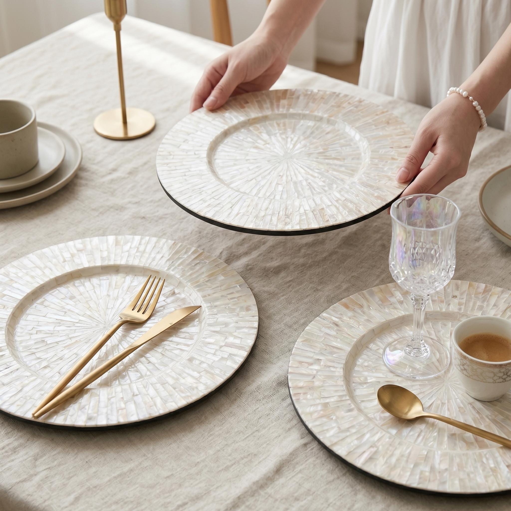 Handmade Mother of Pearl Charger Plate, 13-inch Round Inlay Placemat, Boho Table Decor