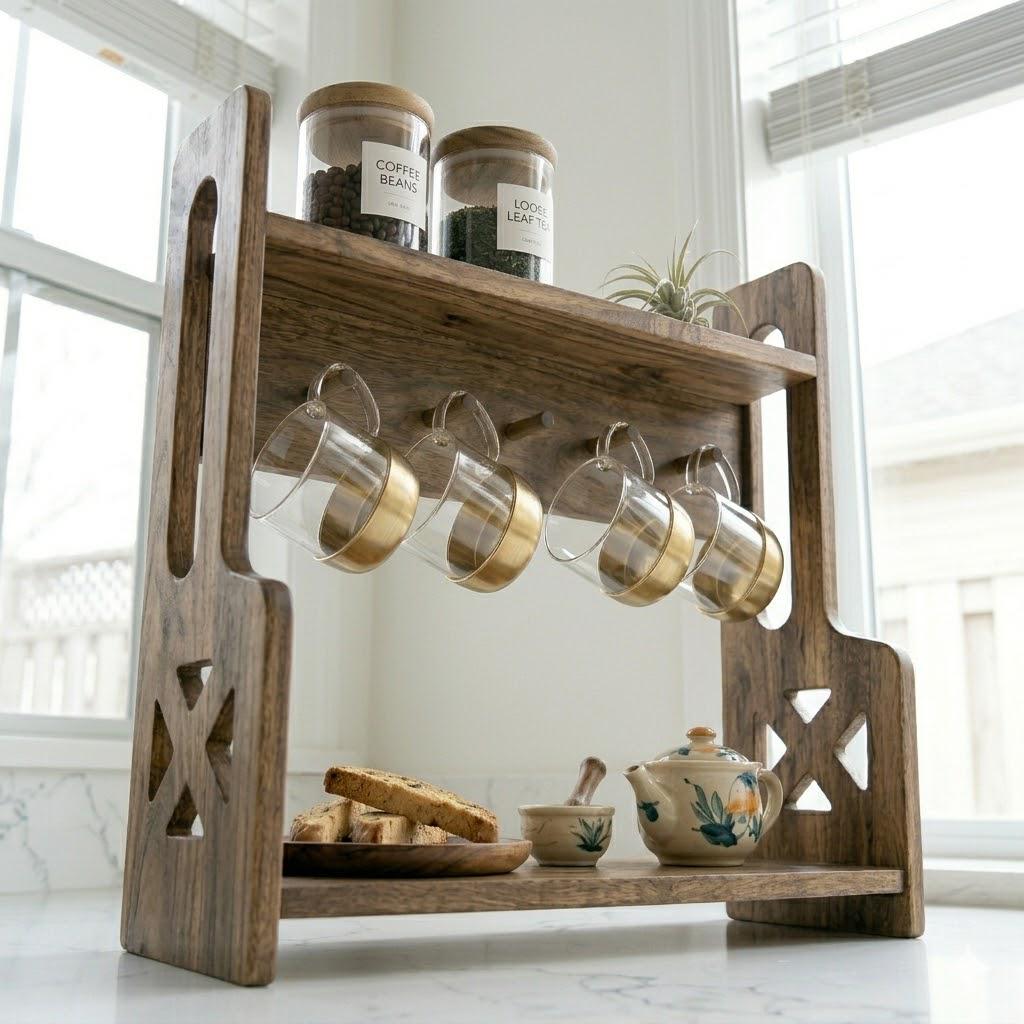 Personalized Acacia Wood Coffee Mug Rack | Custom Engraved Coffee Bar Organizer