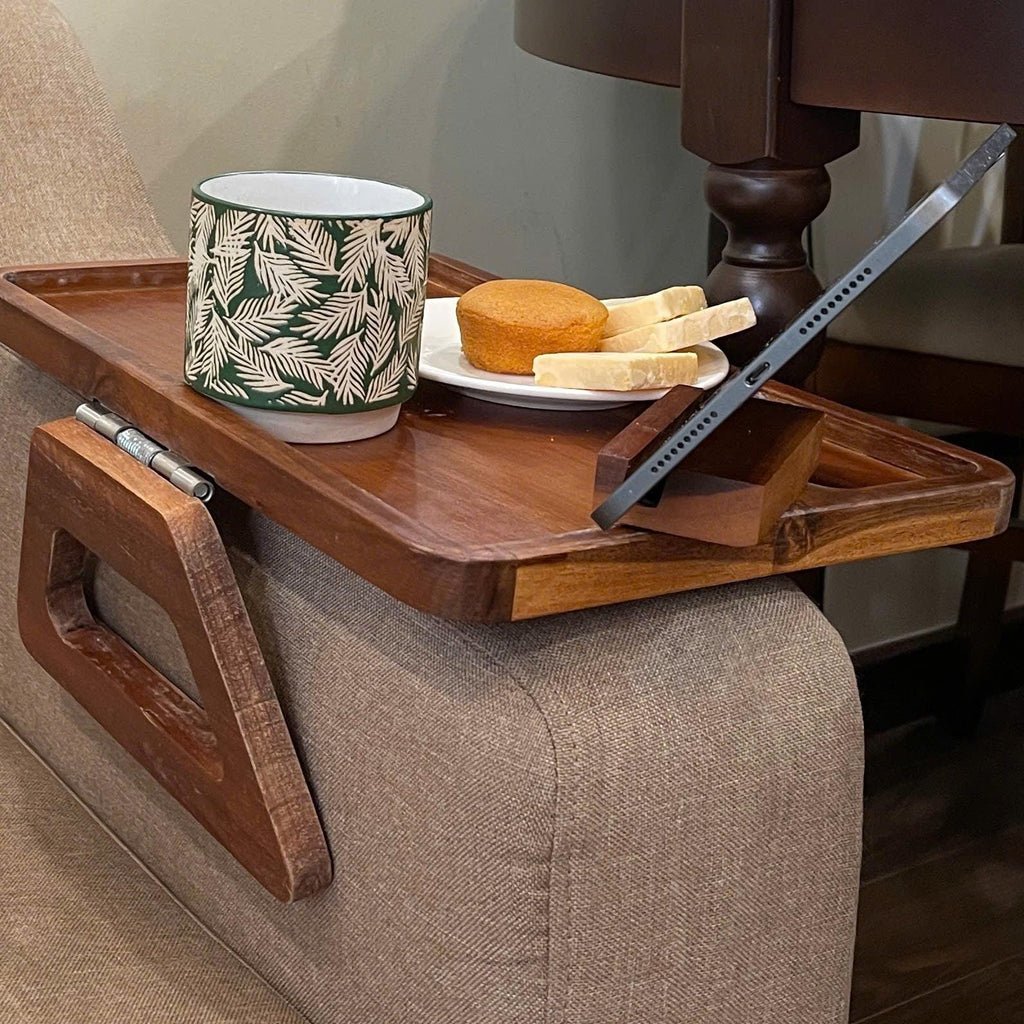 Personalized Acacia Wood Sofa Tray with Rotating Phone Holder – Couch Arm Table