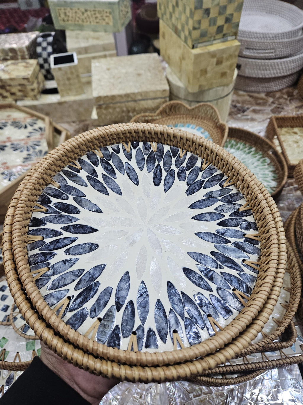 Handmade Rattan Serving Tray with Mother of Pearl Inlay – Round Decorative Tray in 30cm or 35cm | Boho Coastal Style Natural Home Decor