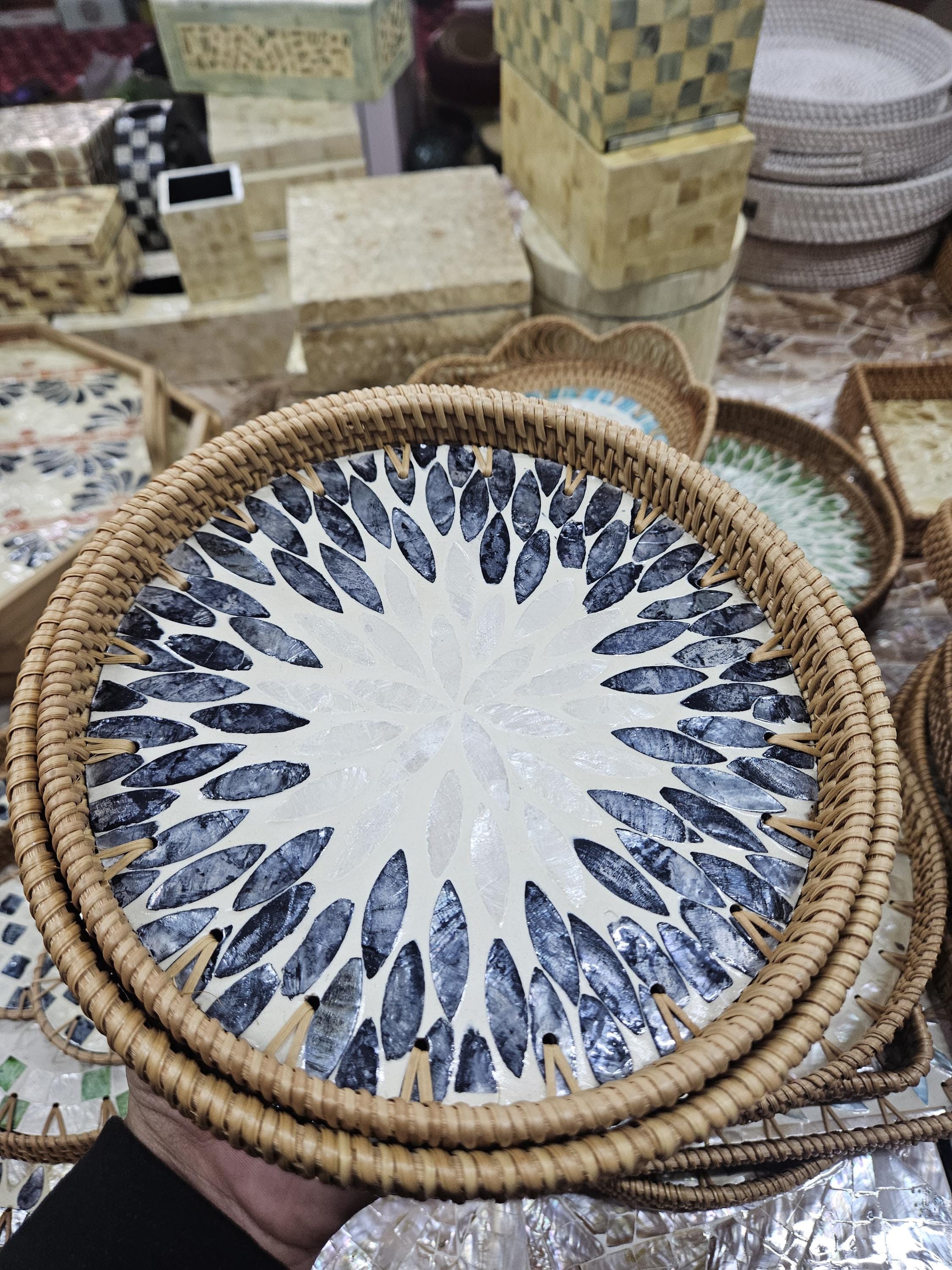 Handmade Rattan Serving Tray with Mother of Pearl Inlay – Round Decorative Tray in 30cm or 35cm | Boho Coastal Style Natural Home Decor