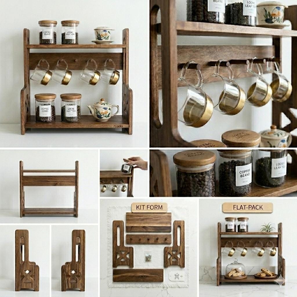 Personalized Acacia Wood Coffee Mug Rack | Custom Engraved Coffee Bar Organizer
