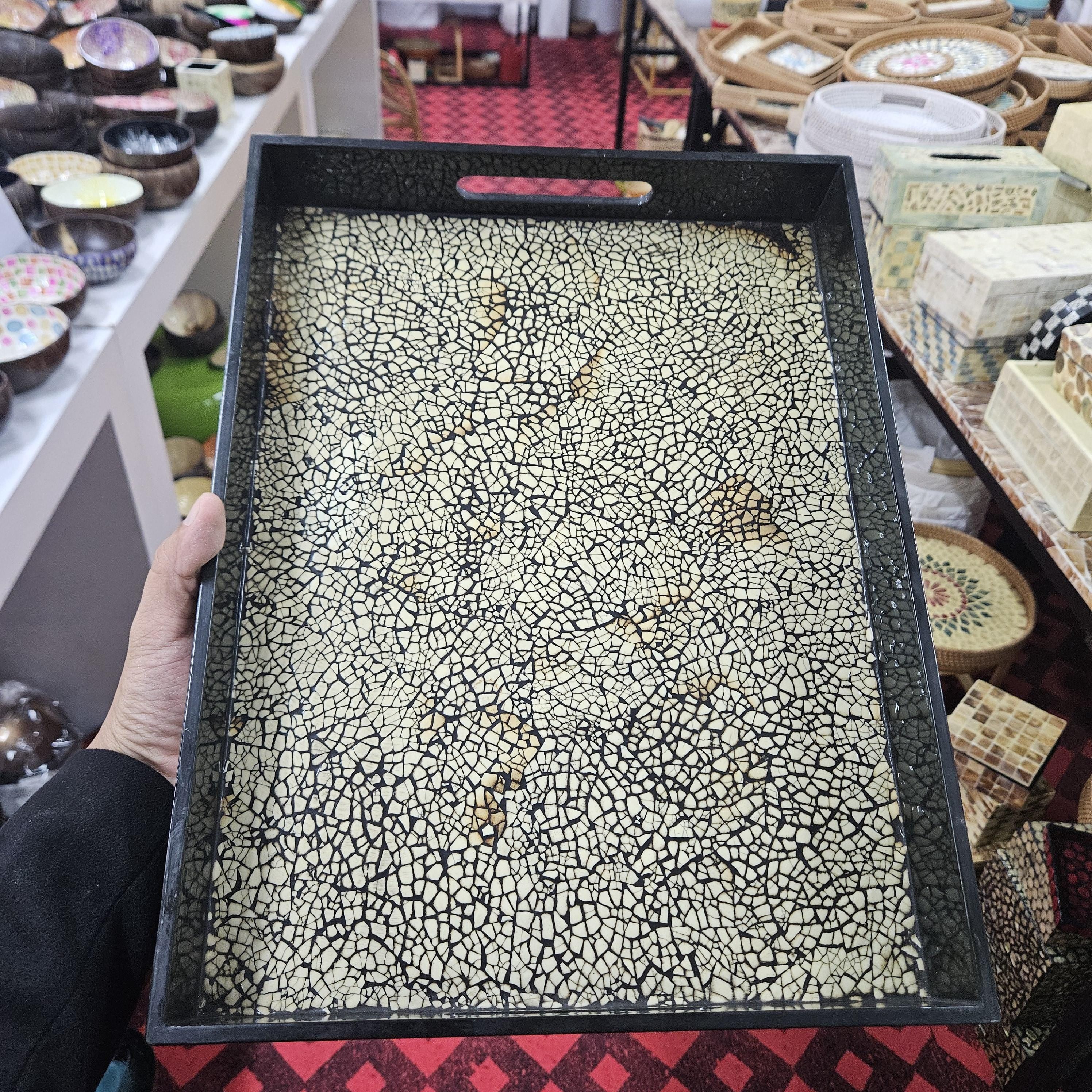 Handmade Mother of Pearl Mosaic Serving Tray with Handles, Decorative Coffee Table Ottoman Decor