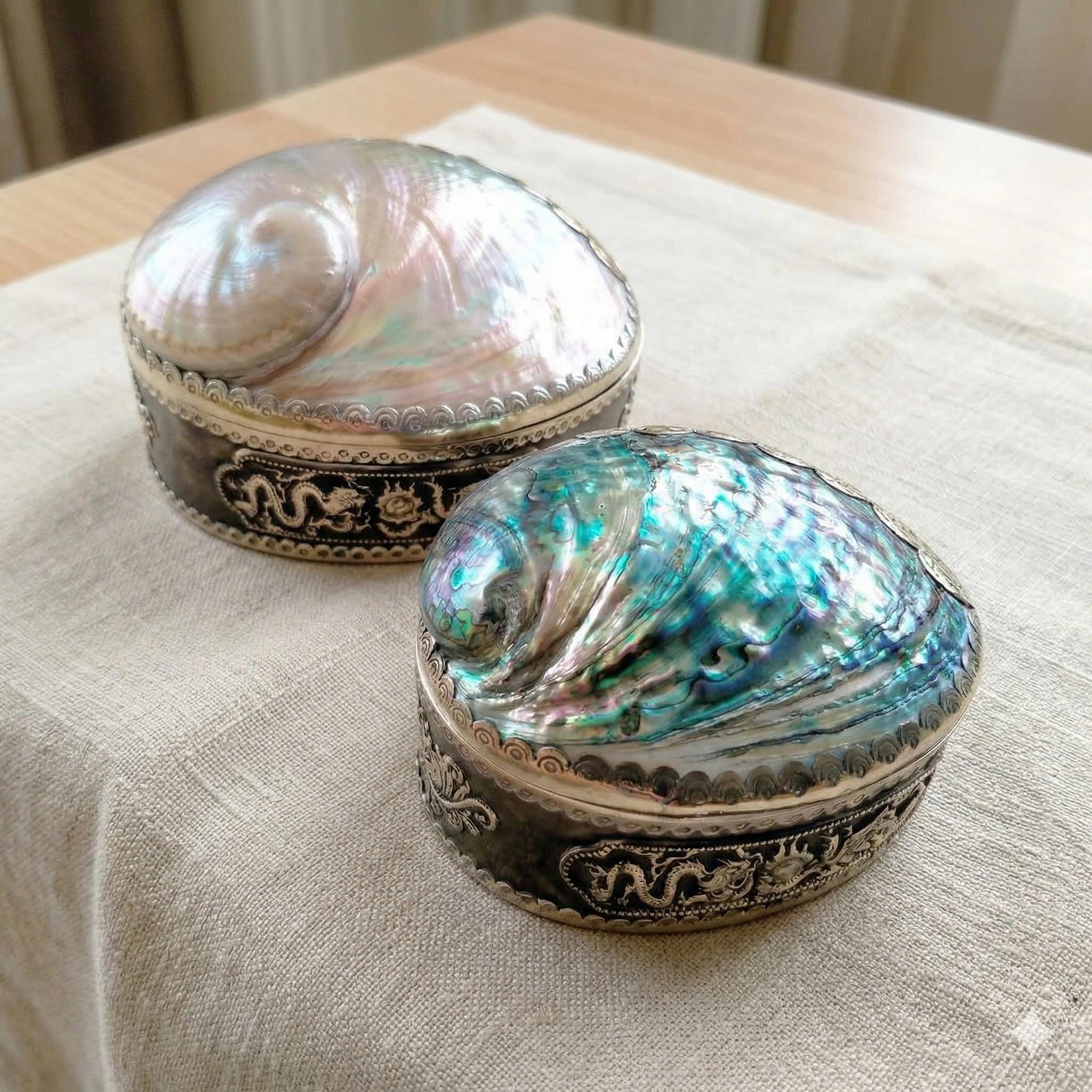 Abalone Shell Jewelry Box with Brass Dragon – Mother of Pearl Trinket Keepsake Box