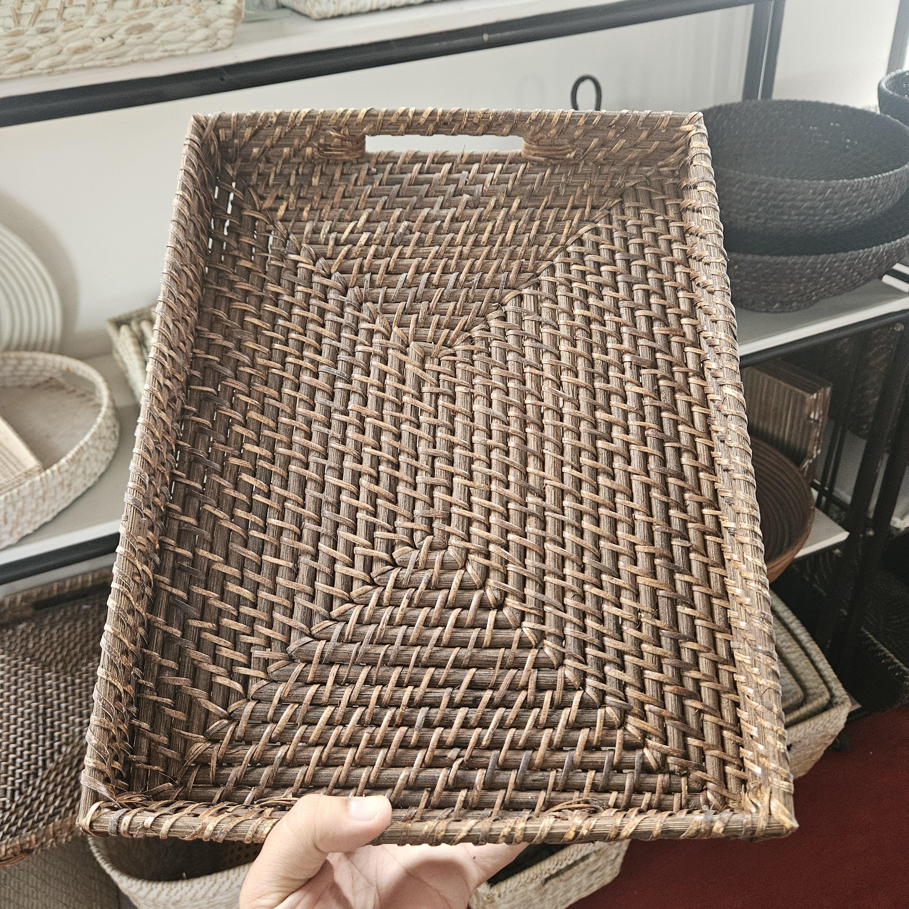 Handwoven Rattan Tray – Rectangular Serving Tray with Handles