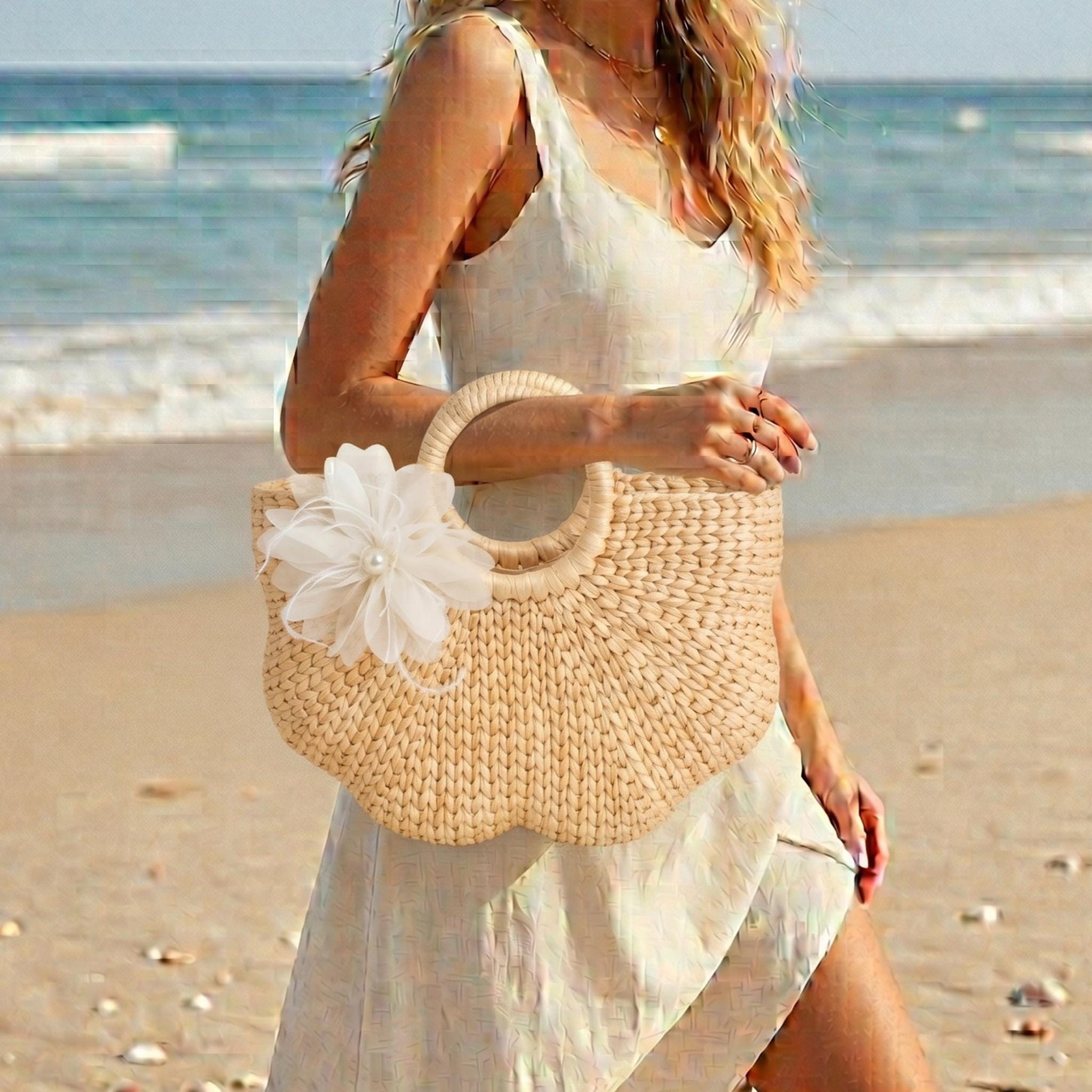 Handmade Water Hyacinth Tote Bag, Woven Summer Beach Purse, Floral Accent Bag