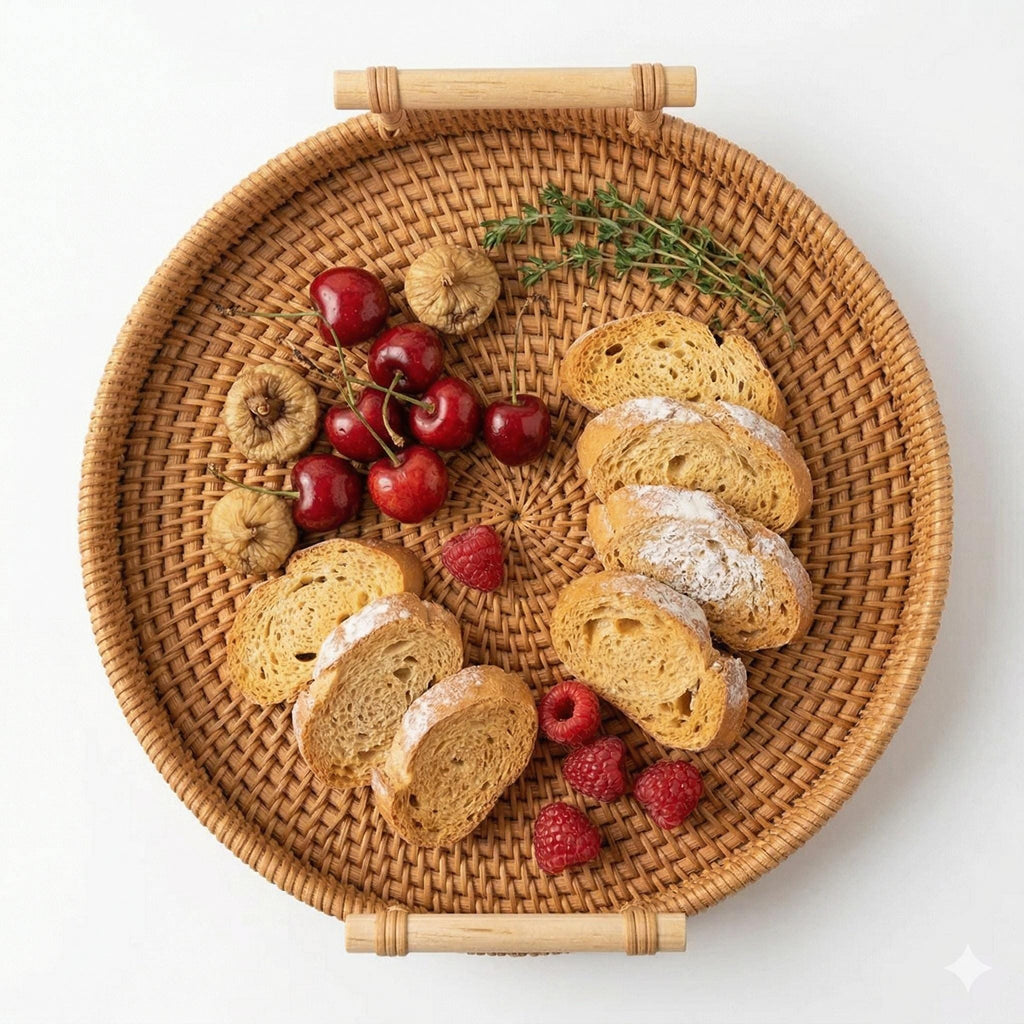 Round Rattan Tray with Wooden Handles, Handwoven Boho Serving Basket