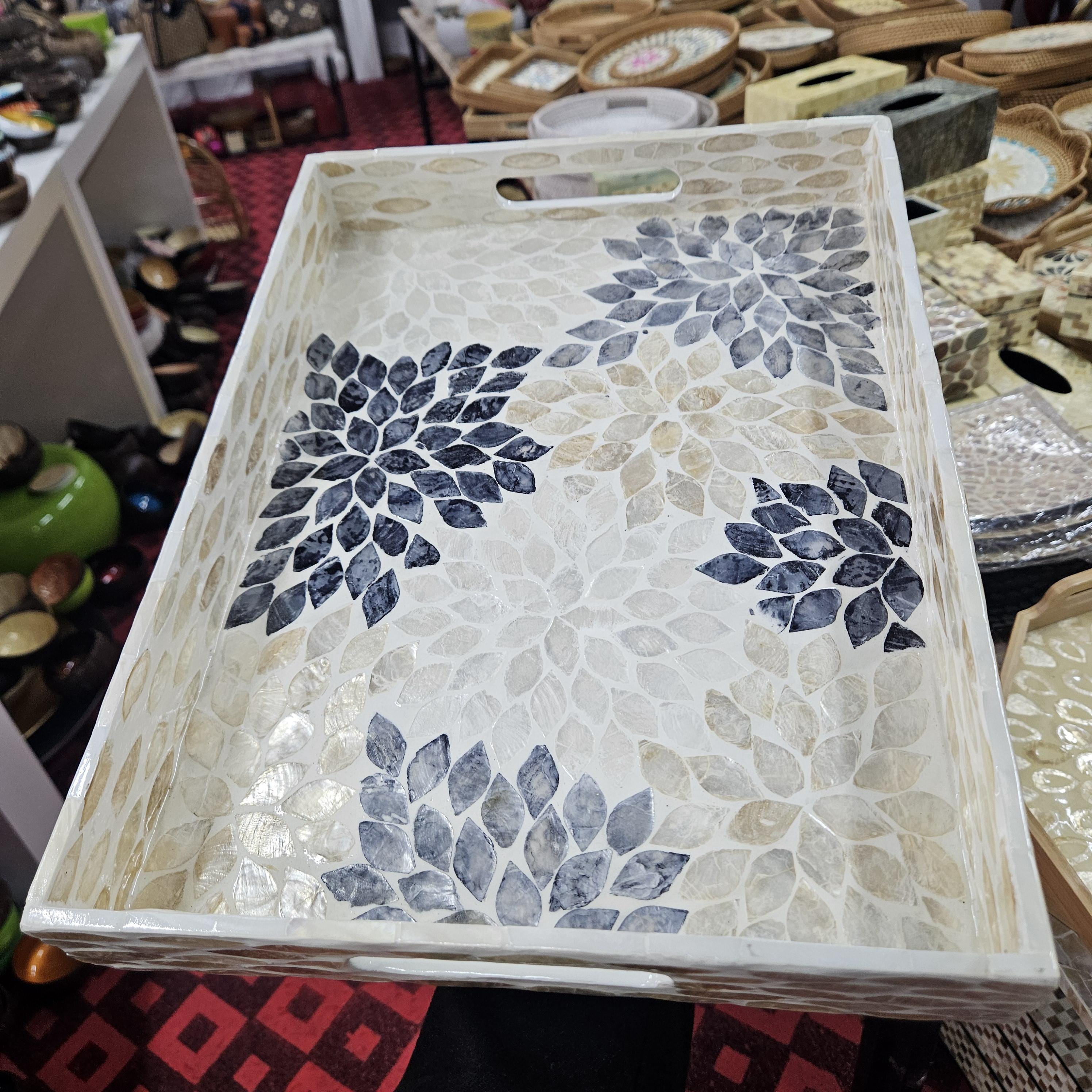 Handcrafted Mother of Pearl Rectangular Serving Tray – Iridescent Mosaic Coffee Table Decor
