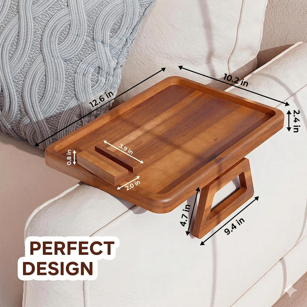 Personalized Acacia Wood Sofa Tray with Rotating Phone Holder – Couch Arm Table