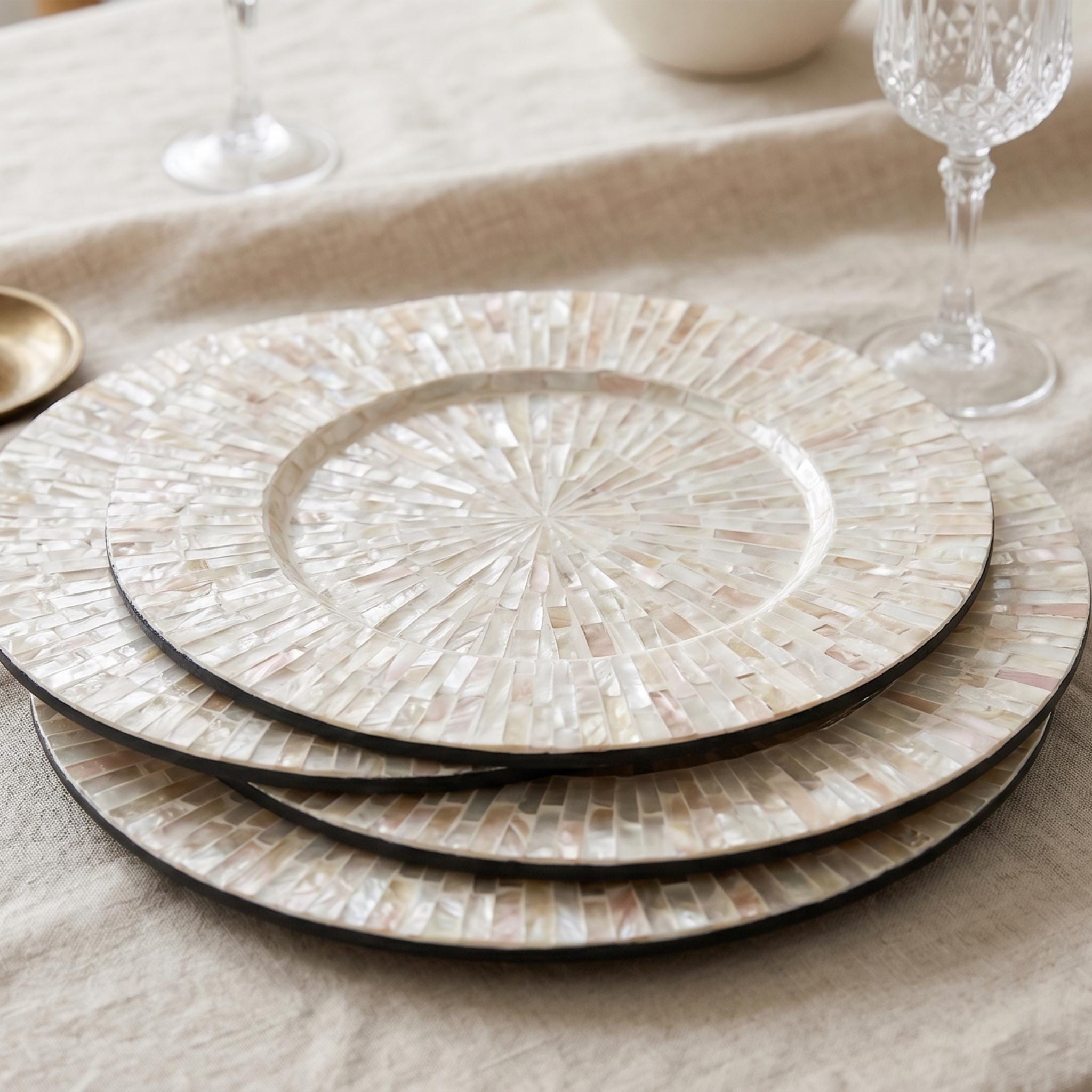 Handmade Mother of Pearl Charger Plate, 13-inch Round Inlay Placemat, Boho Table Decor