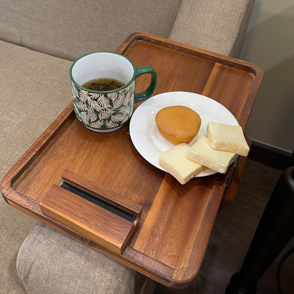 Personalized Acacia Wood Sofa Tray with Rotating Phone Holder – Couch Arm Table