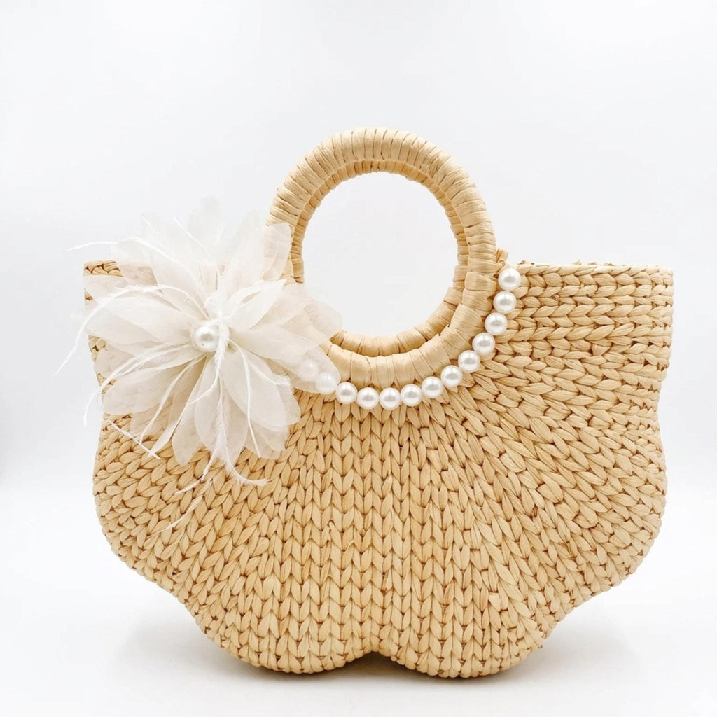 Handmade Water Hyacinth Tote Bag, Woven Summer Beach Purse, Floral Accent Bag