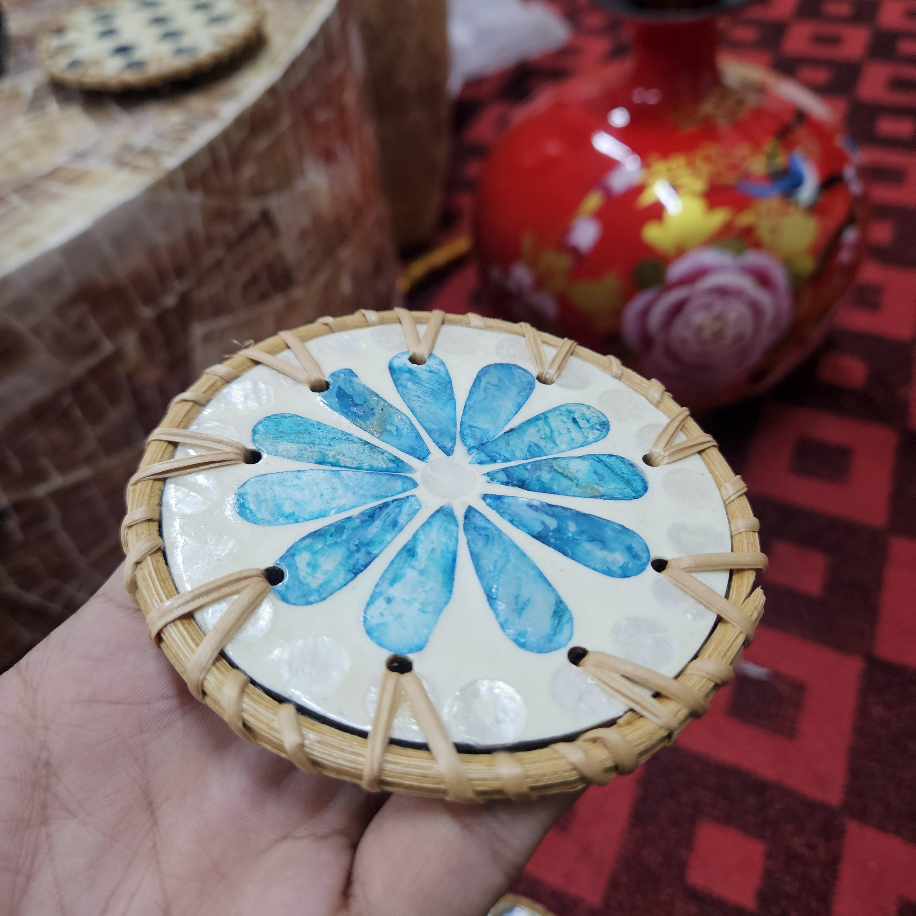 Rattan Drink Coasters Set – Mother of Pearl Inlay, Boho Home Decor