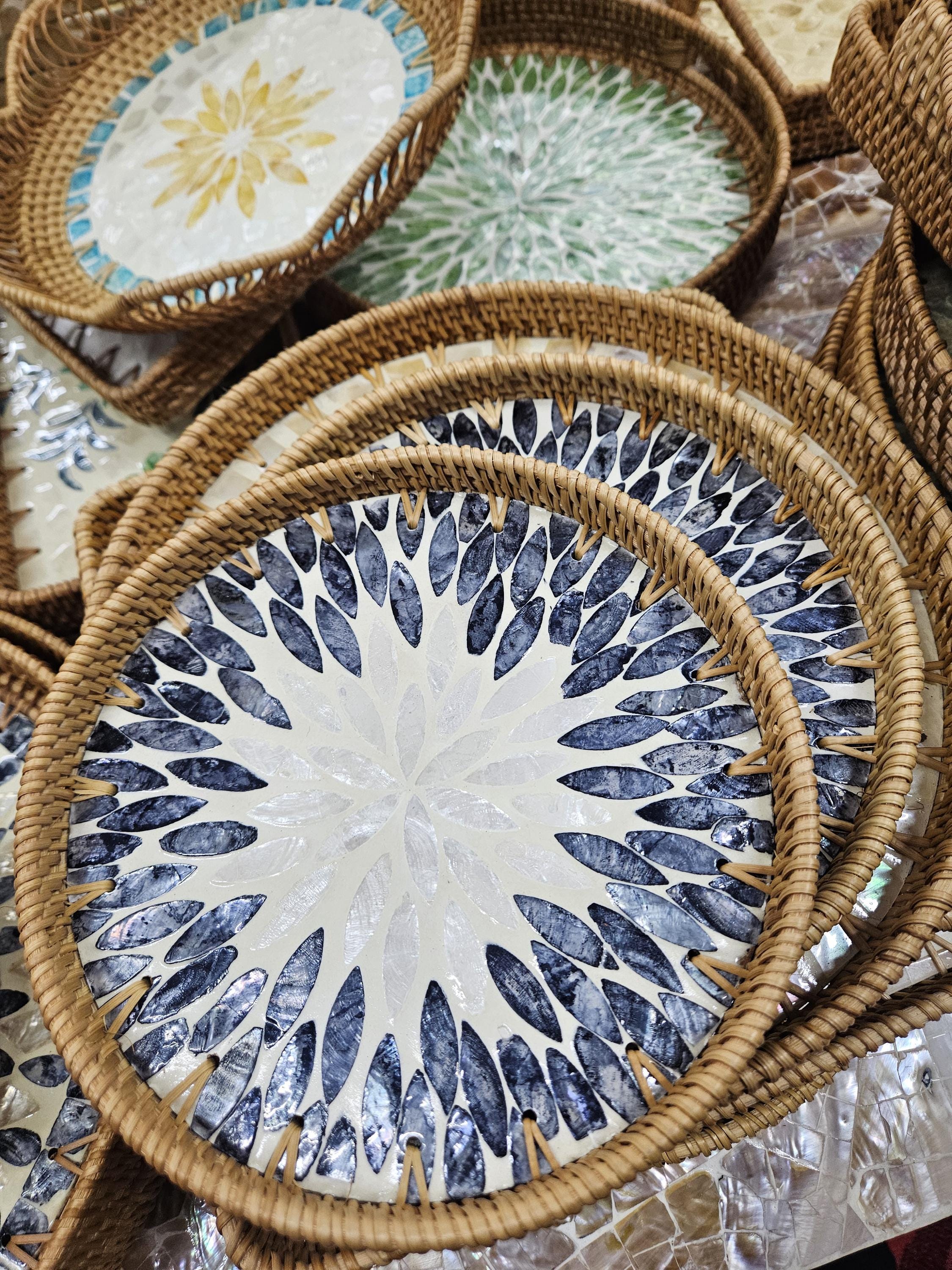 Handmade Rattan Serving Tray with Mother of Pearl Inlay – Round Decorative Tray in 30cm or 35cm | Boho Coastal Style Natural Home Decor