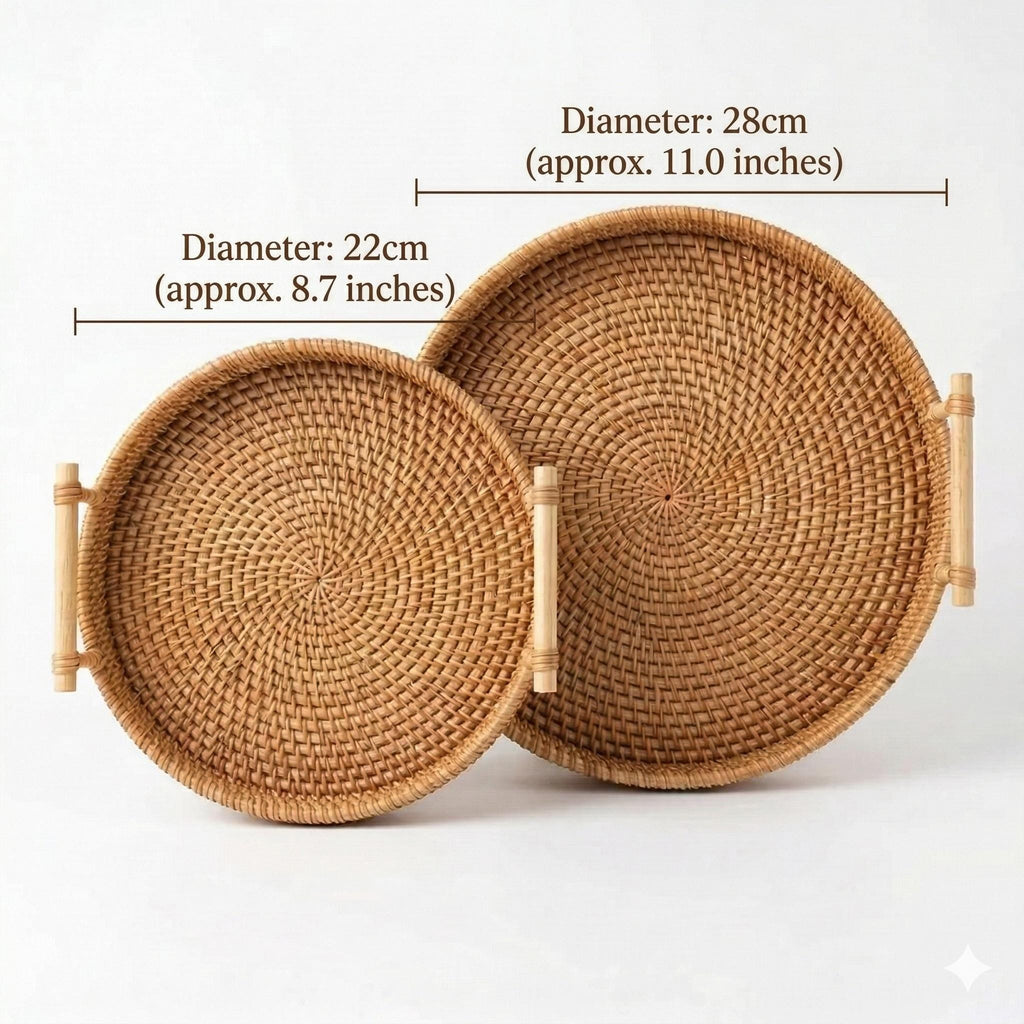 Round Rattan Tray with Wooden Handles, Handwoven Boho Serving Basket