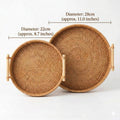 Round Rattan Tray with Wooden Handles, Handwoven Boho Serving Basket