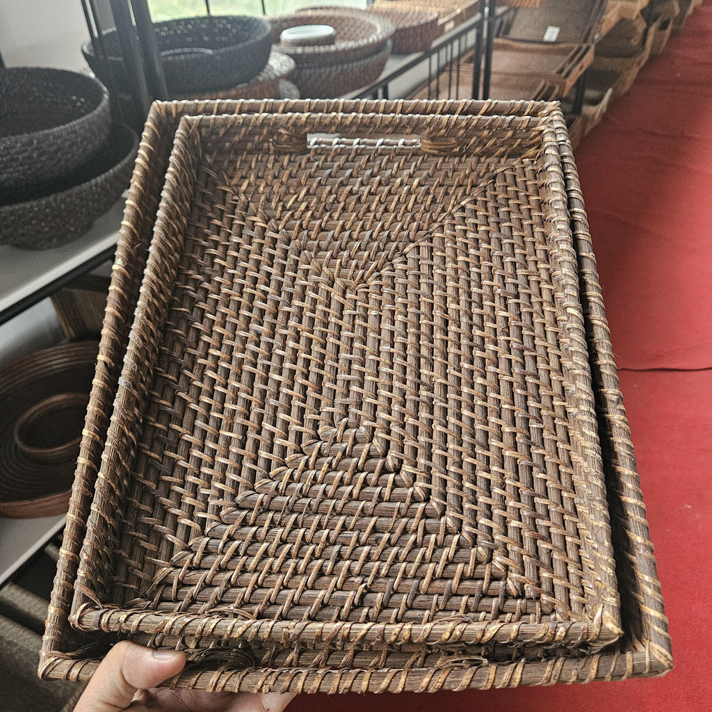 Handwoven Rattan Tray – Rectangular Serving Tray with Handles