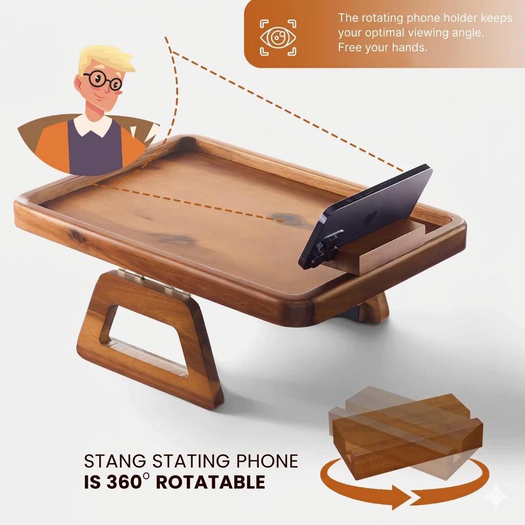 Personalized Acacia Wood Sofa Tray with Rotating Phone Holder – Couch Arm Table